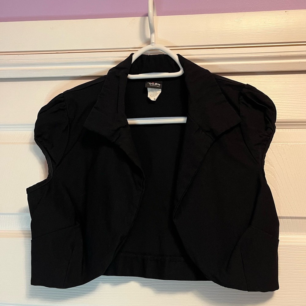 Toy Box size large cute black jacket to wear over a cocktail dress.